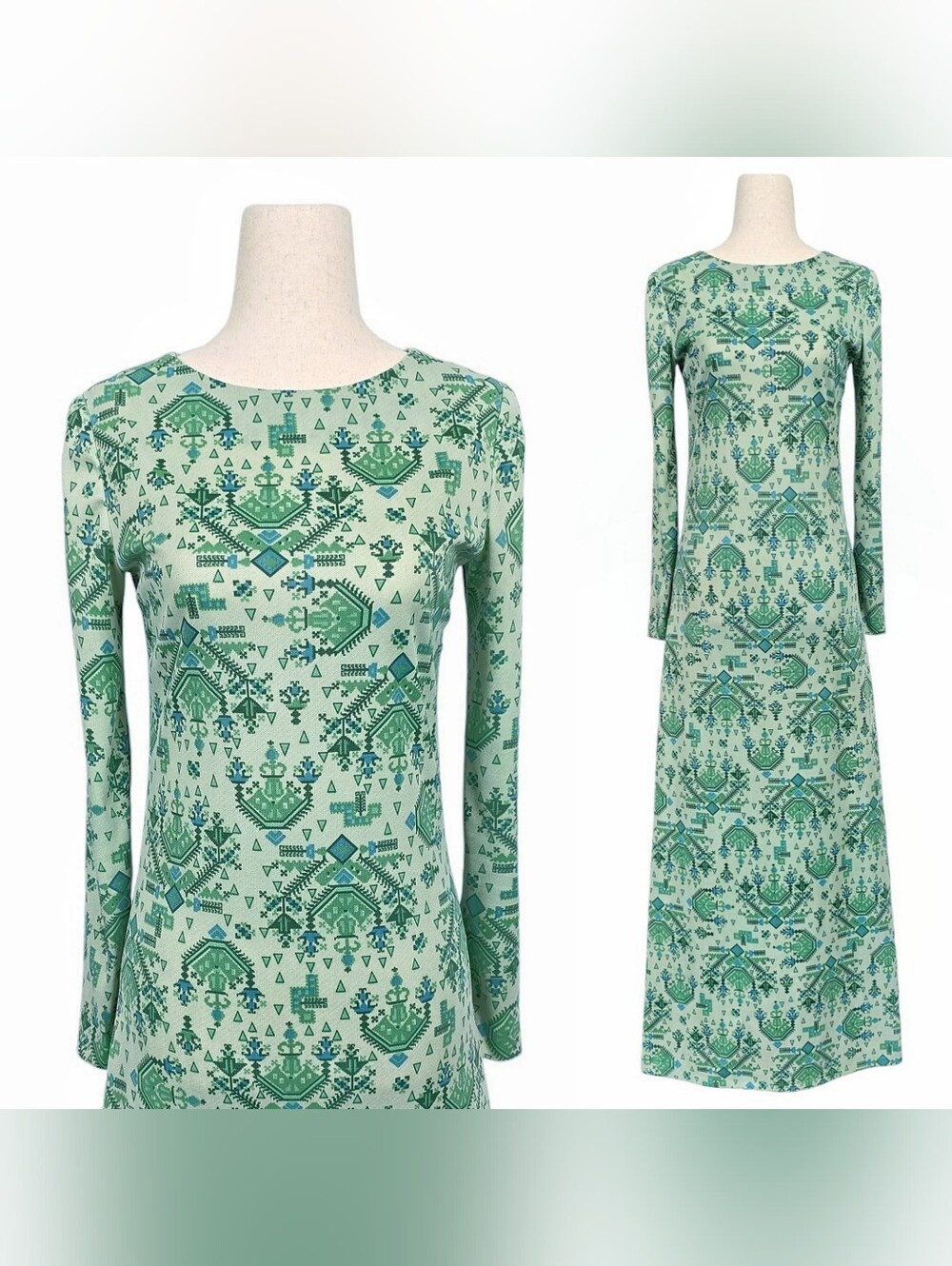 1970s Vintage Dress 70s Maxi Green Aztec Print Novelty Long Sleeves Blue XS 2/4
